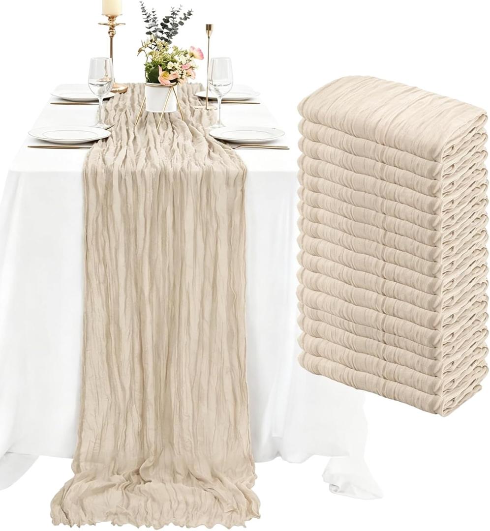 16 Pack Beige Cheesecloth Table Runner 35x120 Inch Boho Gauze Cheese Cloth Table Runners, 10 FT Long Rustic Sheer Table Runners for Wedding Bridal Baby Shower Birthday Party Table Decorations