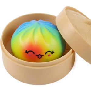 Rainbow Dumpling Squishy Toy Dumpling Stress Ball with Steamer Case, Colorful Squeeze Stress Relief Fidget Toy for Adults, Cute Desk Toy Portable Gift Idea
