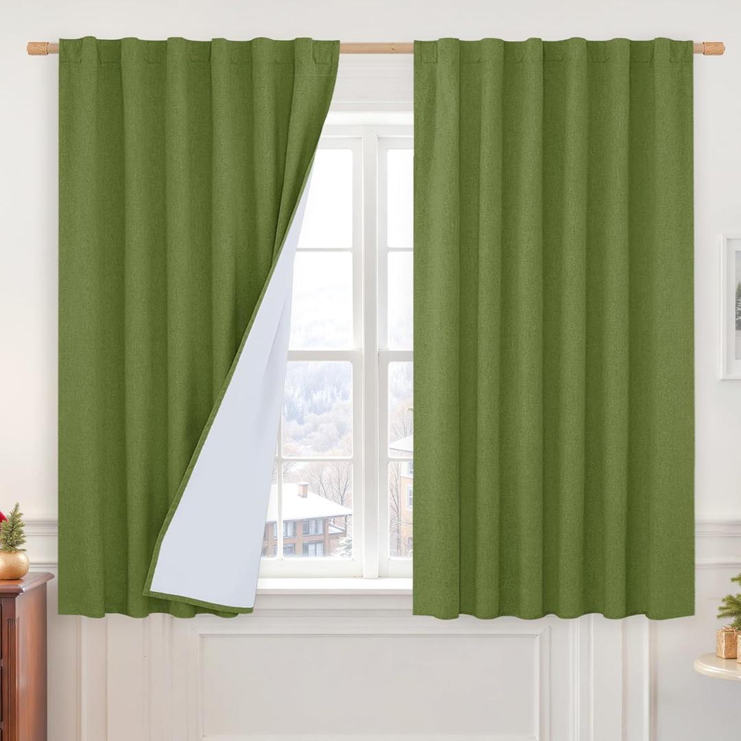 LAMIT Full Blackout Linen Curtains for Bedroom, 54 Inches Thermal Window Drapes Back Tab and Rod Pocket Privacy Protected Burlap Panels with White Liner, 2 Panels, 38 x 54 Inch, Olive Green