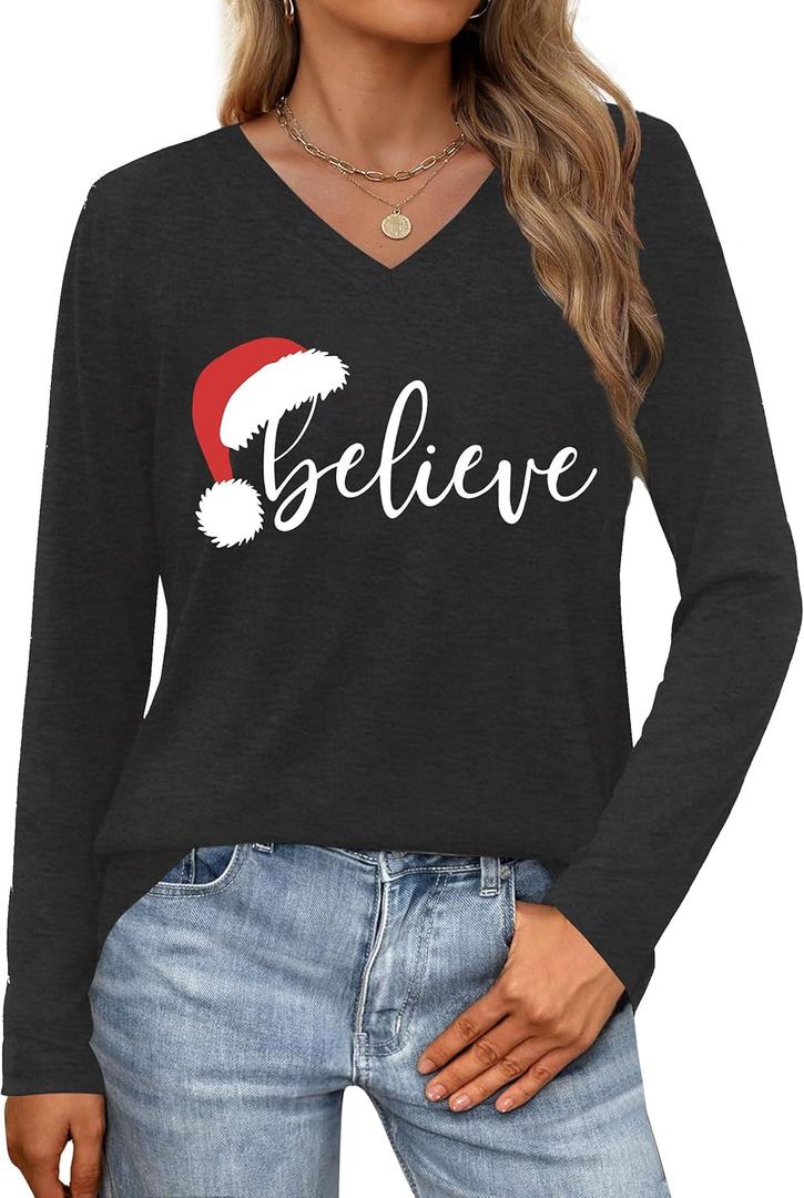 Christmas Shirts for Women Merry and Bright Christmas Shirt Christmas Tree Graphic V Neck Long Sleeve Tops (Large, Dark Grey)
