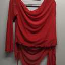 RoseSeek Women's Plus Size Sheer Mesh Off Shoulder Tops Long Sleeve Drawstring Asymmetrical Hem Ruched T Shirt, Red, 2XL