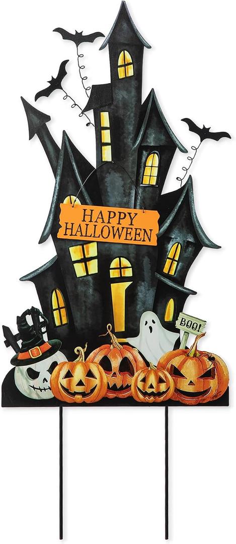 Glitzhome 32" H Halloween Metal Haunted House Yard Stake/Hanging Decor,Halloween Pumpkin Bats Ghost Garden Yard Sign for Lawn Decorations Outdoor Garden Halloween Party Decor, 13.5"L x 0.25"W x 32" H