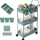 danpinera Storage Cart on Wheels, 3 Tier Bathroom Cart Organizer Slim Laundry Narrow Shelf with Wheels Dividers Hanging Cups Hooks Handle Easy Assembly, Green