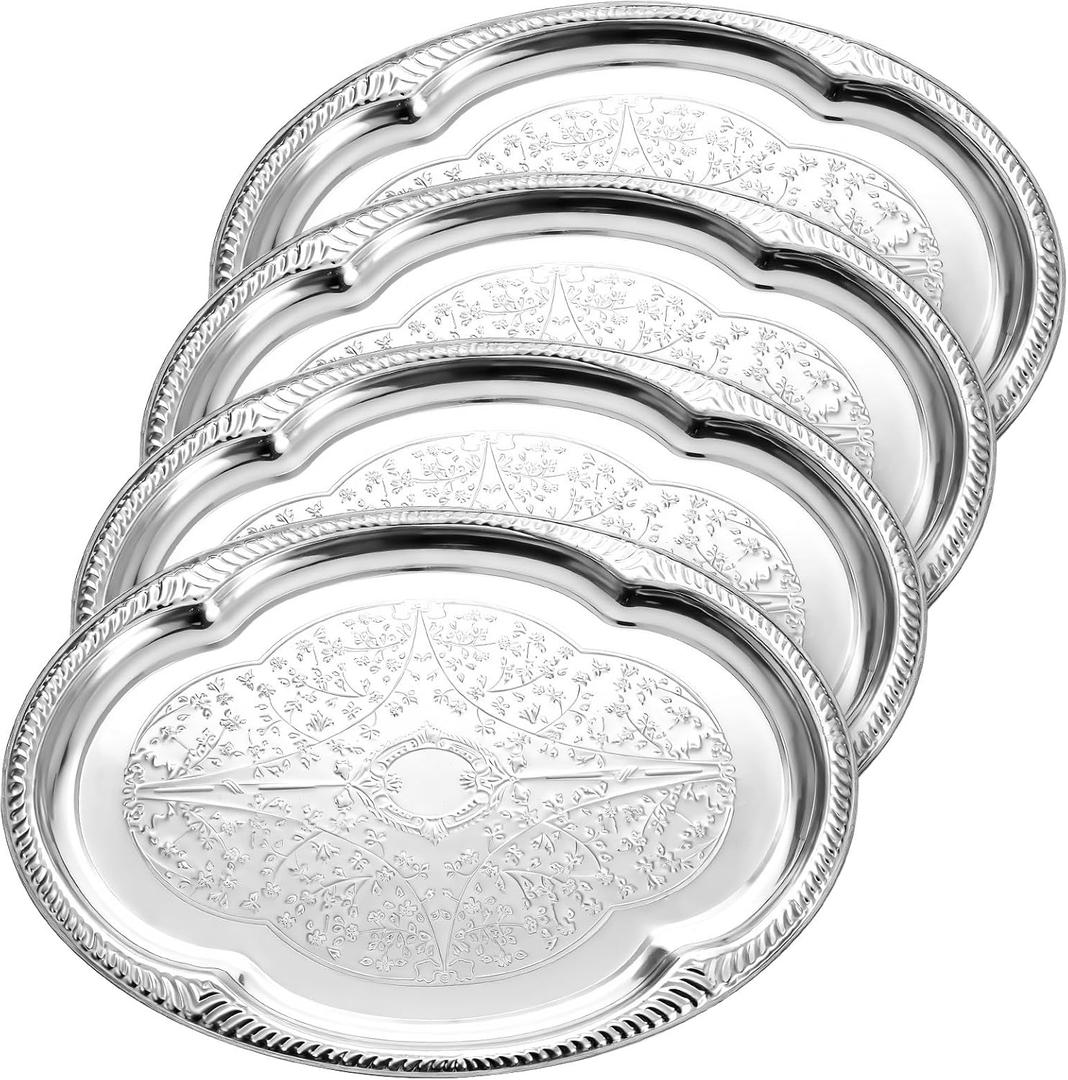 4 Pcs Large Silver Serving Tray 20.3 x 15.2 Inch Elegant Floral Metal Plate Silver Platter for Buffet Wedding Party Jewelry Decorative, Oblong, about 15.35 x 9.45 inches with handle