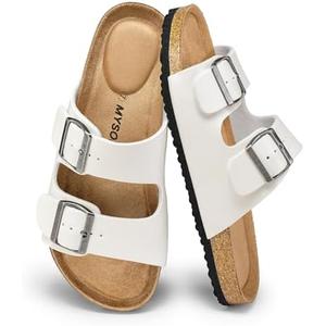 Womens Flat Sandals Cork Footbed Slides with 2 Straps | Adjustable Buckle Slip On Comfortable Casual Light Weight Summer Sandals Size 8.5