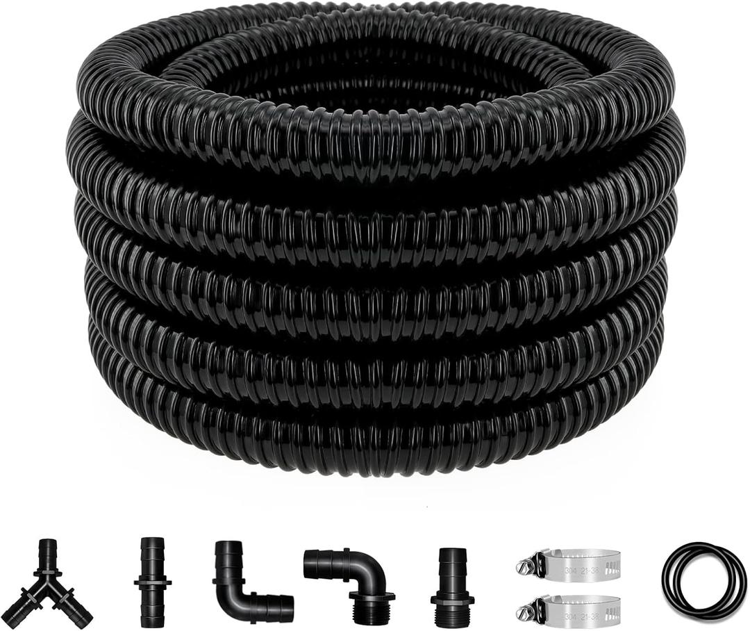 LONGRUN Pond Tubing 1 Inch Diameter, 20.7 Feet Long Corrugated Flexible Hose Pipe with Clamps Pipe Fittings, Pool PVC Tube for Garden Ponds Waterfalls Camping Caravans Filters Drainage Marine (1 Inch - 20.3 Feet)
