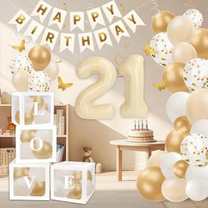 21 Birthday Decorations for Her - 66pcs Balloons Birthday Banner Decorations Kit for Women with Number 21 Foil Balloon, White Gold Balloons & Butterfly Decals
