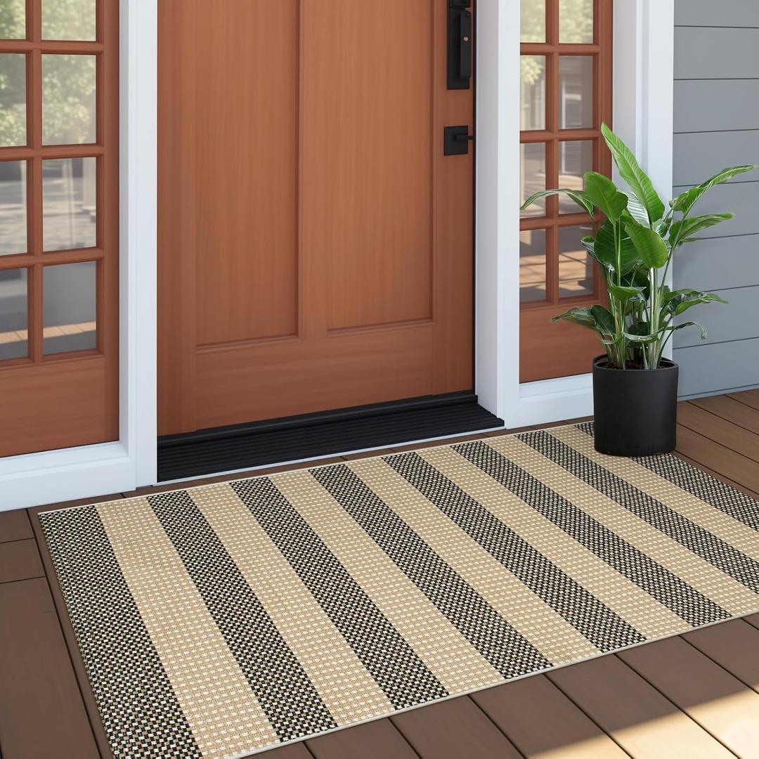 OJIA Front Door Rug 24"x51" Outdoor Doormat Washable Front Door Mat Indoor Entrance Tan Washable Porch Rug Woven Striped Outdoor Mat Entryway Rugs Small Area Rug for Kitchen Entry Bathroom (Tan/Black/White)