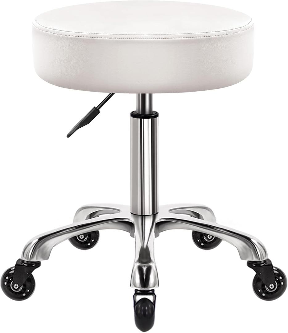 WKWKER Heavy Duty Rolling Stool with Wheels Hydraulic Swivel Adjustable Rolling Stool Ergonomic Thick Leather Seat Chair for Kitchen Drafting Lab Office Salon Massage – White, 15 Inches X 16.5 Inches X 26.6 Inches