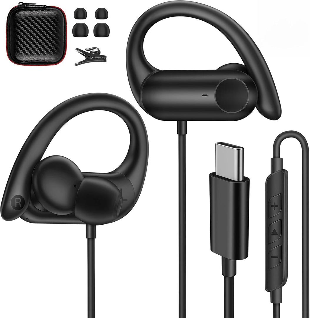 USB C Headphones Over Ear Hooks for Samsung Galaxy S26 Ultra S25 S24 S23 S22, Wrap Around Ear Buds with Loops Mic Type C Earphones Running Sport Wired Earbuds for iPhone 17 e 16 15 Pro Max Plus Air