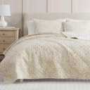 Martha Stewart - King Quilt Set, 100% Cotton Reversible Bedding Set, Incredibly Soft Feel for Year Round Comfort, 3 Piece Bed Set with Matching Pillowcases (Layered Branches Beige)