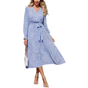 PRETTYGARDEN Women's Floral Boho Long Sleeve Maxi Dress | Wrap V Neck, Flowy A Line Swing Dresses, Belted, Elegant Spring Fall Outfit for Wedding Guest, Vacation, Date Night Party (Blue)
