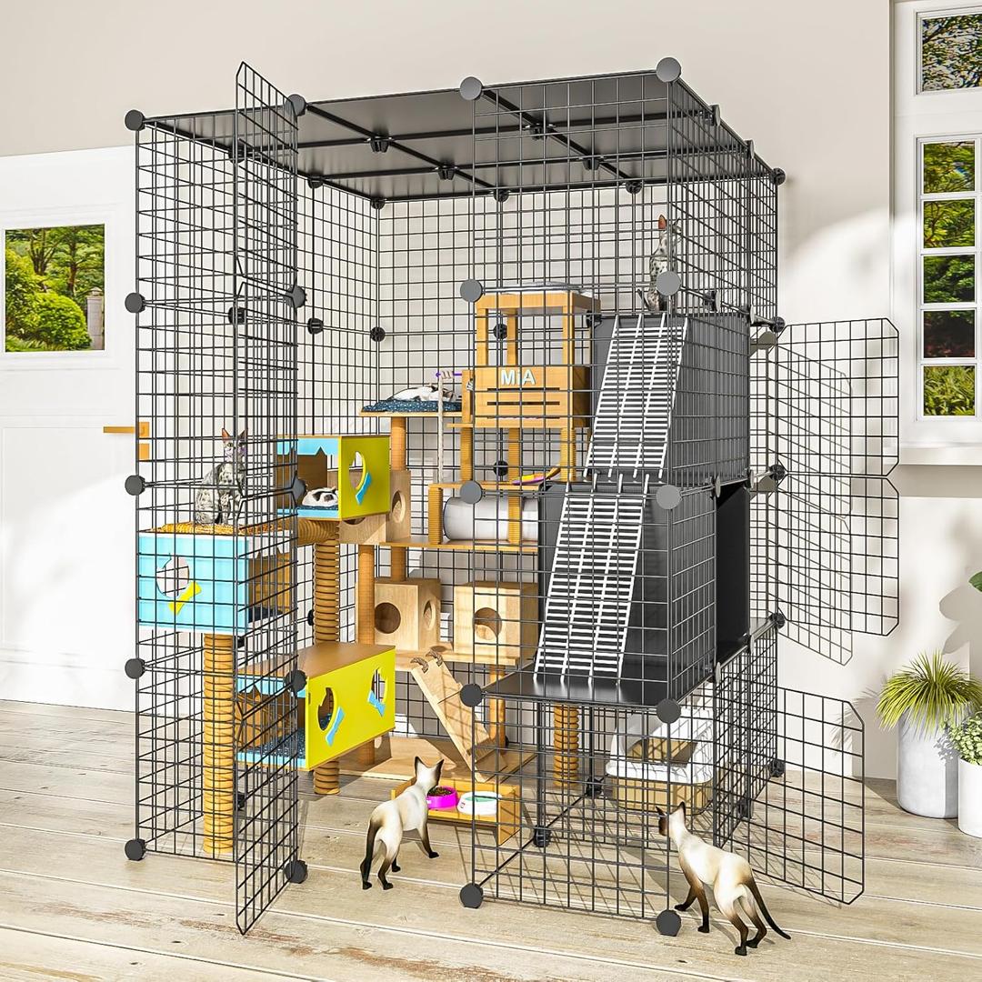 Large Cat Cage Indoor - Metal Wire Cat Enclosure with Storage Cube, Detachable Kitty Cage with Platform for 1-3 Cats, 3x3x4 Spacious Cat Kennel