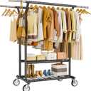 HYSEYY Heavy Duty Clothes Rack, Rolling Clothing Rack With Shelves Load 620 LBS, Double Rod Clothing Racks for Hanging Clothes, Portable& Adjustable Clothes Rack with Wheels,Black