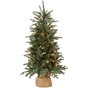 National Tree Company Pre-lit Artificial Mini Christmas Tree | Includes Small Lights and Cloth Bag Base | for Tabletop or Desk | Burlap-4 ft, 4', Green