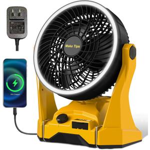 Fan for DeWalt 20V Max Battery, Portable Jobsite Camping Fan with Infinite Speed Control, 3-Level Ring Light, USB-C and USB Charging, Hook, Handle, 180 Tilt for Outdoor Use, Battery Not Included
