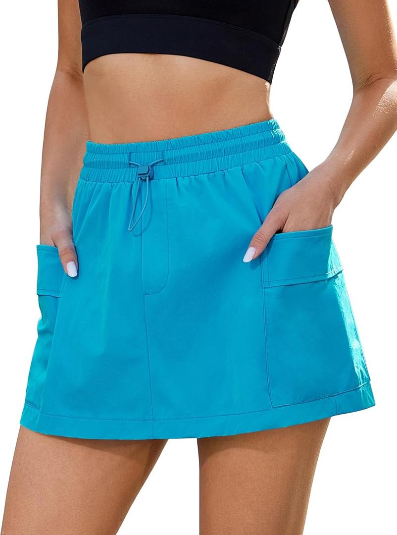 luvamia Skorts for Woman High Waisted Pull On Elastic Waist Cargo Pockets Quick Dry Hiking Tennis Sports Skirt Shorts (Blue, XL)