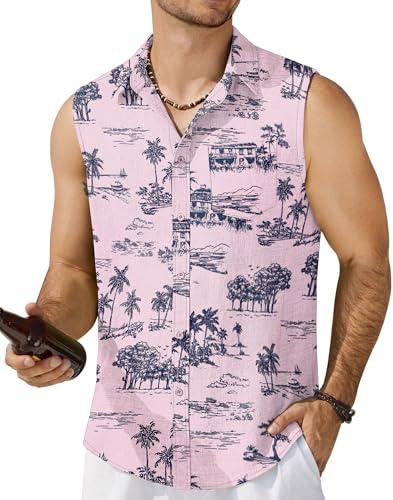 COOFANDY Men's Sleeveless Beach Shirts Summer Button Up Tank Tops Casual Textured Tank Pink Tropical Palm Tree Shirt, Large