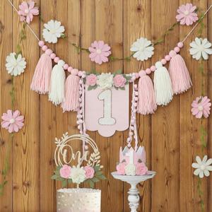 DCJHFJ Wildflower First High Chair Banner Birthday Decorations for Girl One Flower Cake Topper Floral Hat 1st Birthday Decoration Supplies (White Pink)
