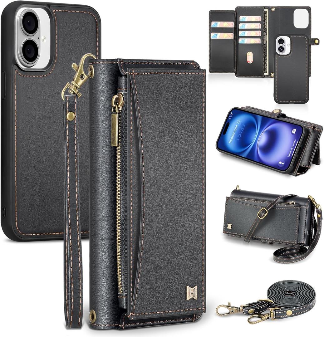 Wallet Case for iPhone 16 with Card Holder/Crossbody Wallet/Strap,[RFID Blocking][Magnetic] PU Leather Shockproof Protective Cover iPhone 16 Phone Case,6.1in,Black