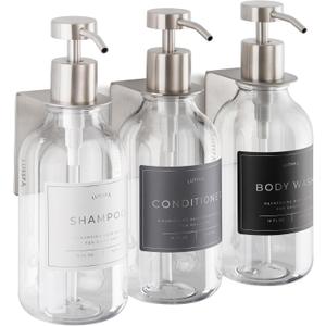 Shower Shampoo Dispenser Wall Mounted 3 Refillable 16.9 oz Clear Bottles with Stainless Steel Pumps & No-Drill Adhesive Holders Soap Dispenser Set for Bathroom (3 X Clear/Silver)