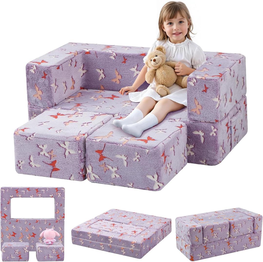 MeMoreCool Kids Modular Couch  Glow-in-the-Dark Butterfly Foam Sofa Bed, Lavender Convertible Toddler/Youth Playroom Sofa-to-Bed