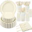 350 Pcs Ivory Dinnerware Sets, 9" Party Plates, 7" Cream Dessert Plate, 9oz Cups & Cutlery, 50 Guest Beige Scalloped Disposable Plates Set for Baby Bridal Shower, Wedding, Birthday