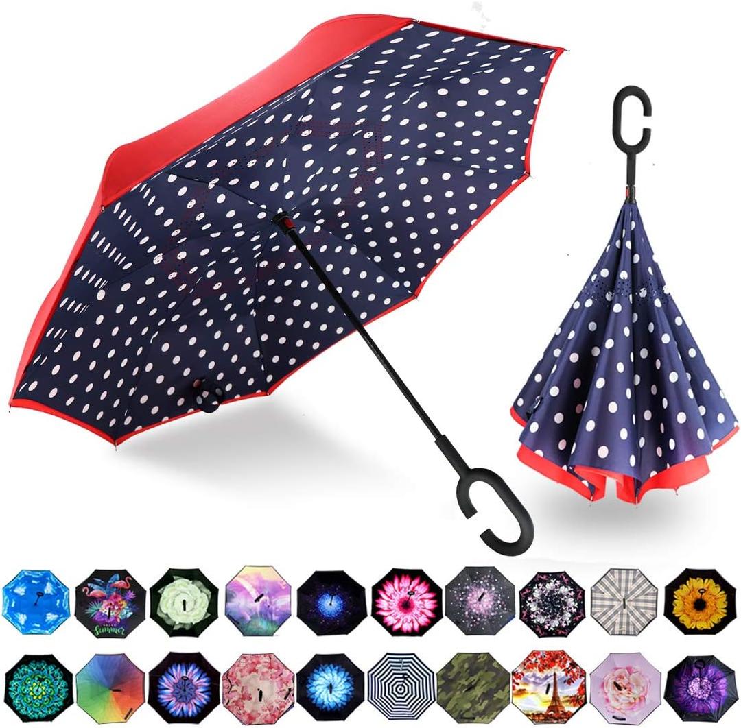 MRTLLOA 40/ 49/ 56 Inch Oversize Windproof Inverted Reverse Upside Down Umbrella, Golf Size Rain Umbrella, Double Layer, C-Shaped Handle for Men, Women and Kids (Red Dot, 49 Inch)