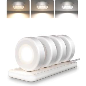EZVALO LED Puck Lights with Charging Station, Rechargeable Sitck On Tap Lights, Wireless Closet Light, 3 Color Temps, Under Cabinet Lights, 2.5'' Mini Touch Light for Kitchen,Pantry,Shelves(4 Pack) (White)