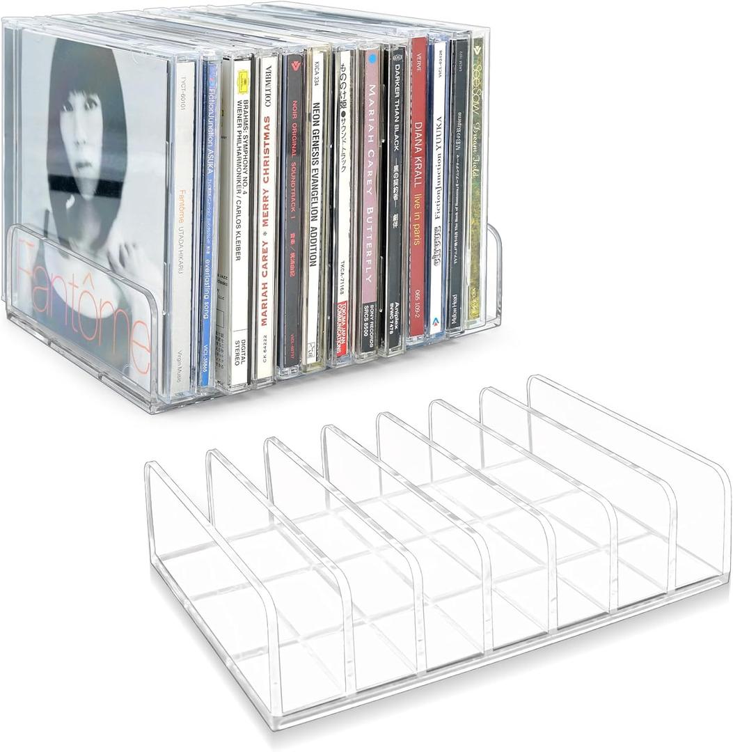 2 Pcs Clear Acrylic CD Holder, DVD/CD Display Rack & CD Storage Box & Vinyl Record Storage Stand Holds up to 14 Standard CD Cases for Media Shelf Storage and Organization