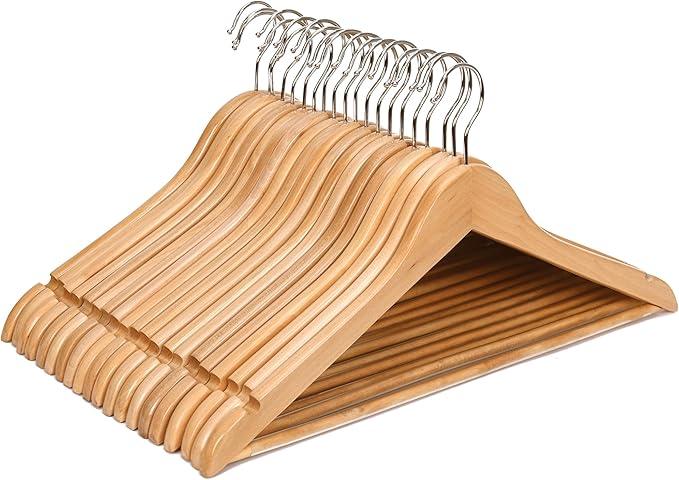 JS Hanger Wooden Coat Hangers, 20 Pack High Grade 17.5 Inch Wood Suit Hangers with Non Slip Pant Bar - Extra Smooth and Splinter Free Natural Finish Wooden Suit Hangers for Closet Organization