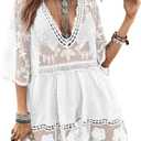 Eomenie Women's Contrast Lace Bathing Suit Cover Up V-Neck Swimsuit Coverups Loose Swimwear Beach Dress Beachwear (White) One Size