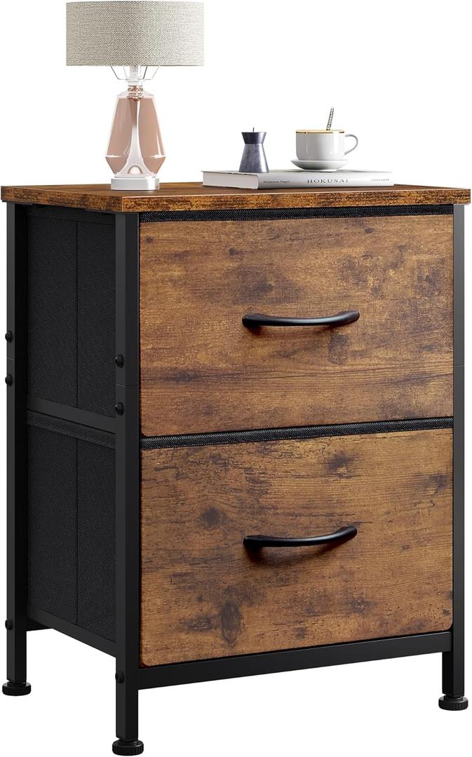 WLIVE Night Stand, Small Dresser with 2 Drawers & Wooden Top, Nightstand with Fabric Bins, Bedside Table End Table for Bedroom, Closet, Entryway, College Dorm, Rustic Brown (11.8"D x 15.7"W x 20.9"H)