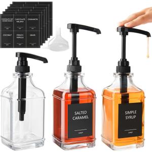 3 Pack 16.9oz (500ml) Glass Coffee Syrup Dispenser with Pump, Syrup Pump Dispenser for Coffee Bar, Coffee Syrup Bottles with Labels