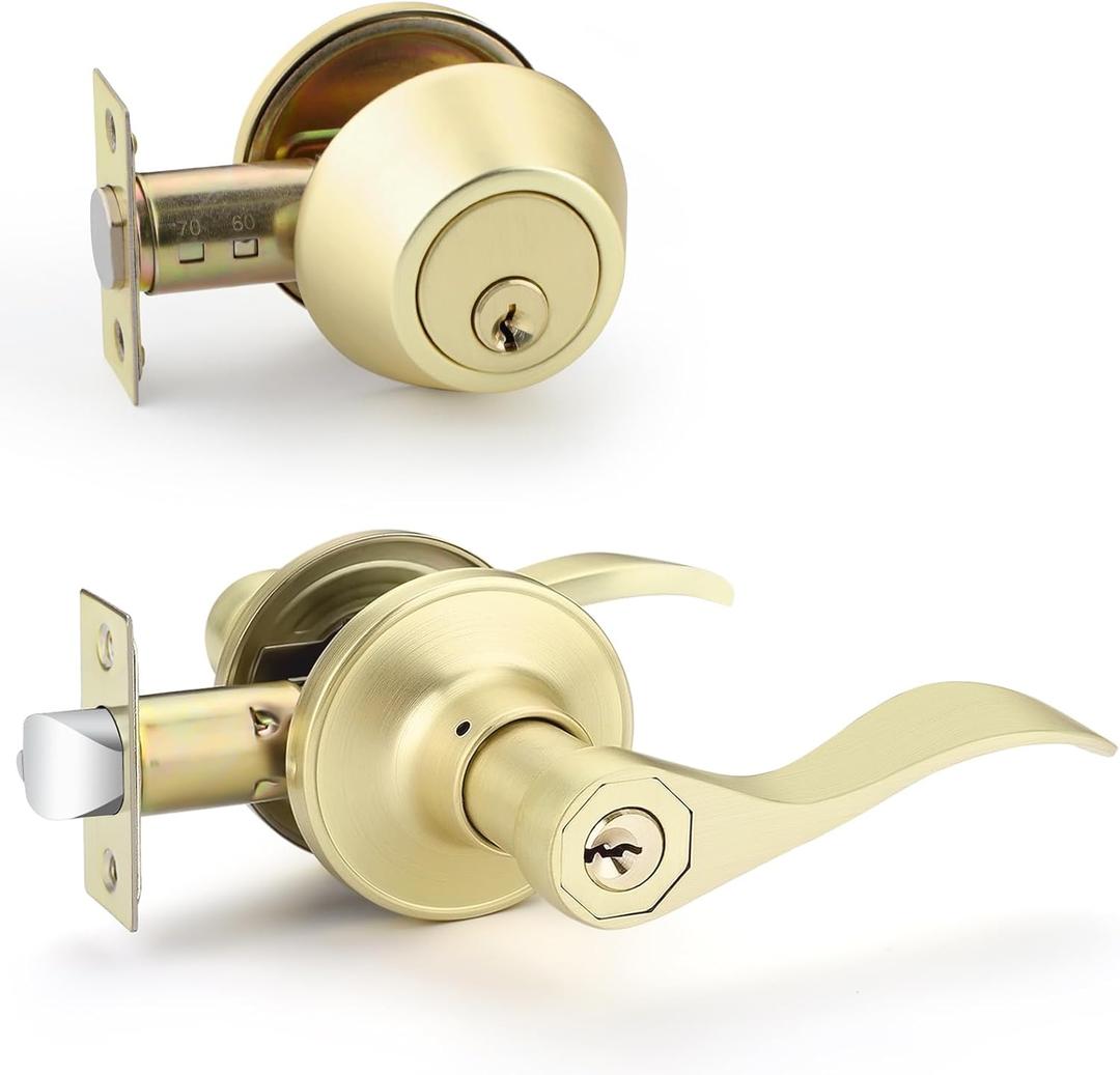 EHOMEWARE Door Handleset with Single Cylinder Deadbolt 4 Pack, Entry Lever Door Handle and Deadbolt Lock and Key Combo Pack - Wave Style Locking Lever Set for Left or Right-Handed Doors (Satin Brass)