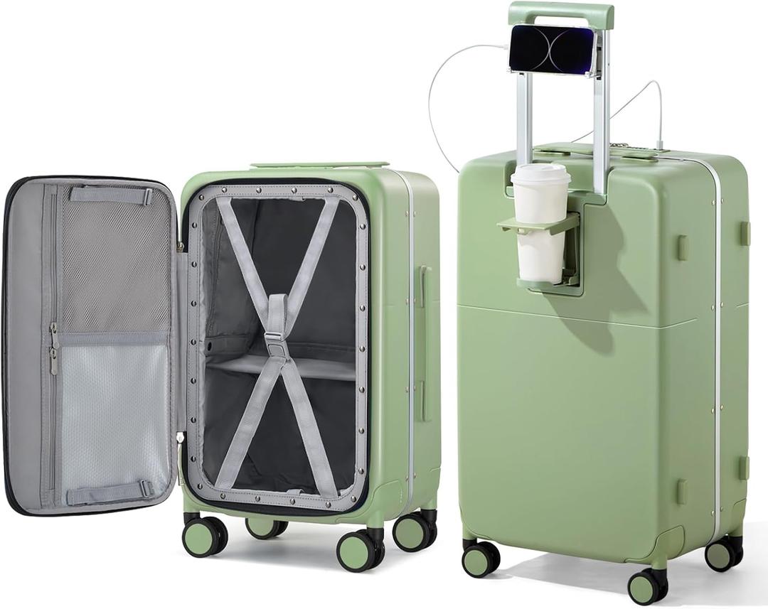 Hanke 24 Inch Luggage with Cup Holder and Charge,Top Opening Hard Shell Suitcases with Wheels and Dividers,Aluminum Frame Trunk Luggage Medium Checked Suitcase with Lock for Travel,Bamboo Green