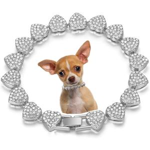 Silver Dog Chain Collar, Heart Style Bling Diamond Cuban Link Dog Collars Glitter Chain Rhinestone Puppy Necklace for for XXS XS Small Medium Pet Dogs Cats, 10-Inch (10 inch(Max Neck 9"))