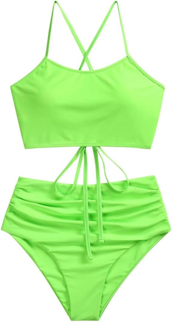 ZAFUL Women's High Waisted Bikini Set Crisscross Tankini Swimsuit Tummy Control Ruched Bathing Suit (L)