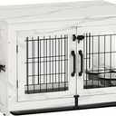 Piskyet Wooden Dog Crate Furniture with 360Rotatable Removable Dog Bowls, Dog Crate End Table with Tray, Double Doors Dog Kennels for Dogs(M:31.8" L*22.1" W*24.1" H,Marble White)