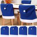 Christmas Chair Covers Set of 4 Santa Claus Hat Chair Back Covers Xmas Slipcover for Christmas Kitchen Dinning Room Decoration Table Decor (Blue)