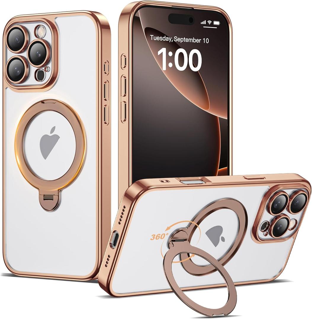 Compatible with iPhone 16 Pro Case with 360 Spin Magnetic Ring Stand [Compatible with Mag-Safe] Full Camera Lens Protector Plating Clear Phone Case for iPhone 16 Pro 6.3", Desert Gold