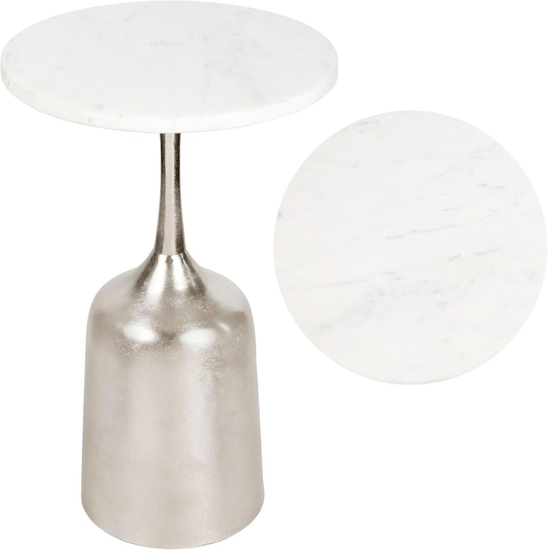 JONATHAN Y END4002A Pip 20.25" Classic Designer Metal Drink Table and Decorative End Table with White Marble Round Top and Bell Pedestal Base for Living Room, Bedroom, Office, Bathroom, Antique Nickel