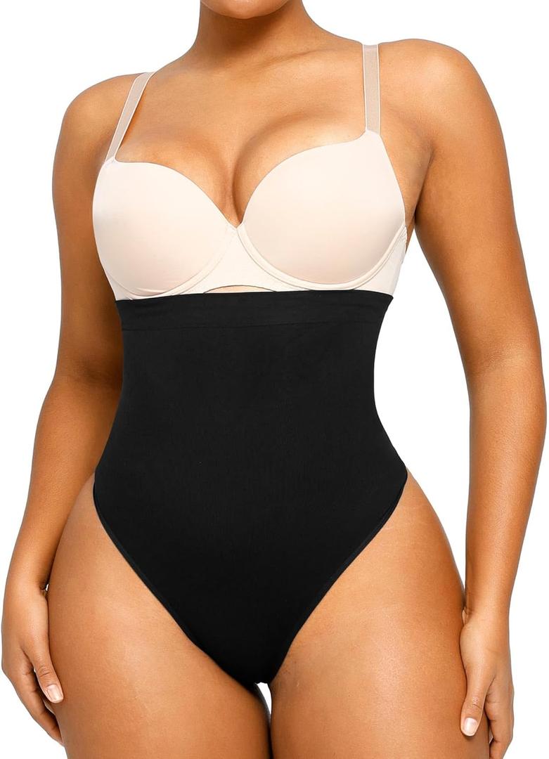 SHAPELLX Shapewear Tummy Control Seamless High Waisted Body Shaper Waist Slimming Thong Underwear Girdle Tummy Slimmer (Medium-Large, 01-black-thong)