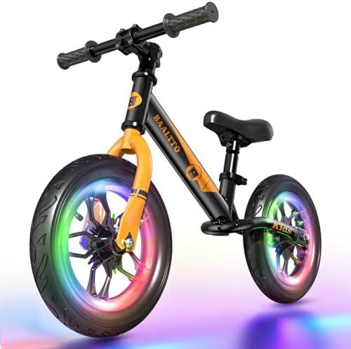 BAALTTO Balance Bike Rubber Tires, Metallic Paint, Colorful Lights, Mountain Bike Handlebars, and Integrated Stand - 12-Inch Wheel, Suitable for Boys and Girls Ages 2-7(Black)