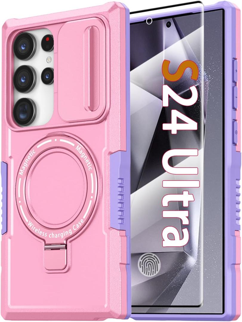 Magnetic Case for Samsung Galaxy S24 Ultra, with Ring Stand [Screen Protector] [Compatible with MagSafe] Military Grade Shockproof Case with Camera Cover, Protective Cover for Samsung S24 Ultra, Pink