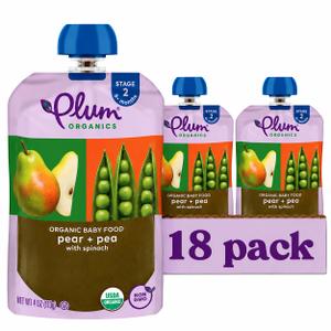 Plum Organics Stage 2 Organic Baby Food - Pear + Pea with Spinach - 4 oz Pouch (Pack of 18) - Organic Fruit and Vegetable Baby Food Pouch BBD 08/12/2026