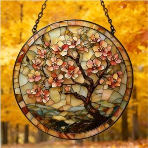 Stained Glass Window Hanging Suncatcher Tree Stained Glass Panel, Decorative Window Sun Catcher for Home,Stained Glass Art Ornament Gifts for Mom, Grandma, Housewarming (7.8 in)