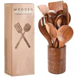 Wooden Kitchen Utensil Set, 10-Piece with Holder, Mixing Spoon, Strainer, Salad Fork, Spatula, Fried Spatula, Soup Ladle, Serving Spoon and more