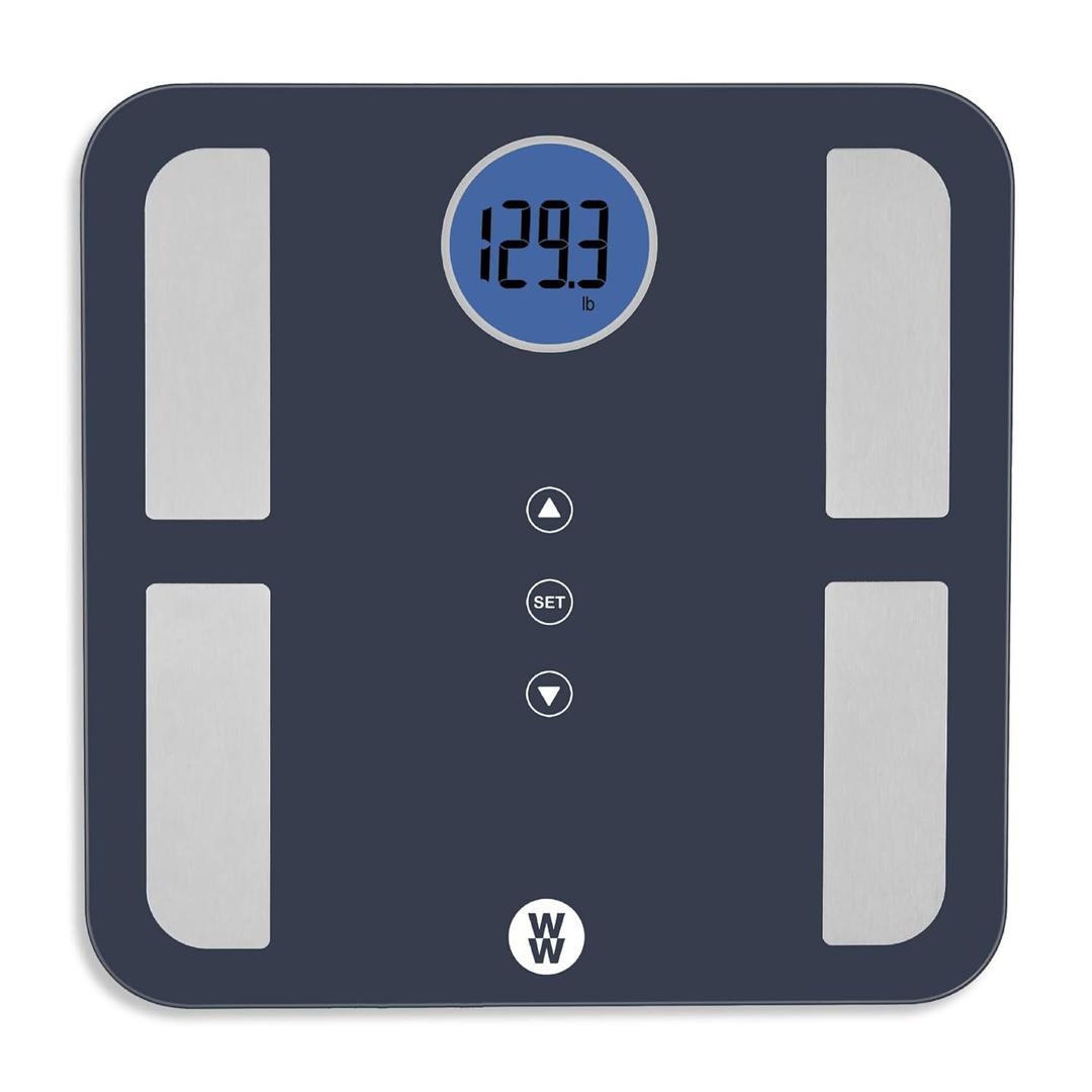 Weight Watchers Scales by Conair BathroomScale for BodyWeight,Glass Digital Scale,Body Analysis Measures Body Fat,Body Water,BMI,Bone Mass&Muscle for 4Users,Measures Weight up to 400Lbs in Black&Blue