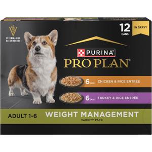 Purina Pro Plan Specialized Weight Management Wet Dog Food Chicken and Rice Entree and Turkey and Rice Entree in Gravy Variety Pack - (Pack of 12) 13 oz. Cans (EXP 02/29/28)
